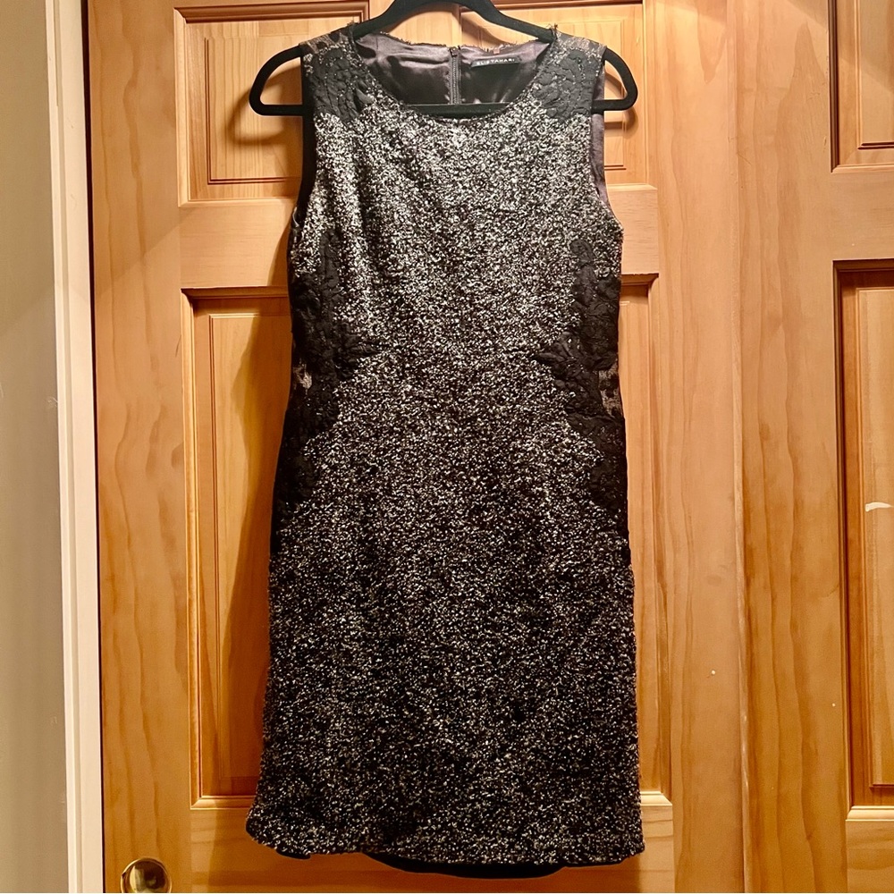 Elie Tahari Grey and Black Sheath Wool Blend Mini Dress